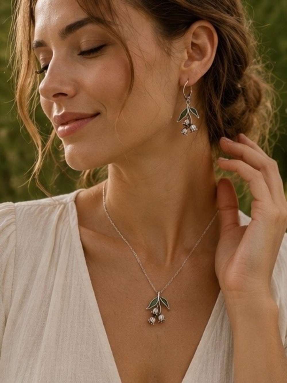 Lily of the Valley Jewelry Set Silver Botanical Necklace and Earrings - Picture 6 of 6